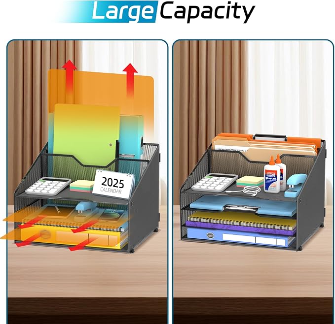 Desk File Organizer, 4 Letter Trays and 2 Upright Sections, school and - Image 5
