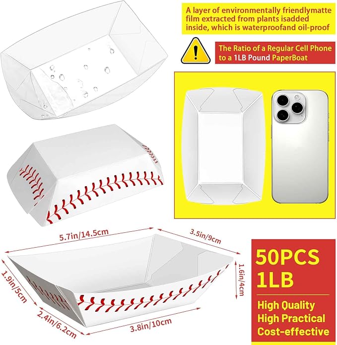 50 Pack 1 Lb Paper Food Boat Trays, Baseball Birthday Decorations Baseball - Image 2
