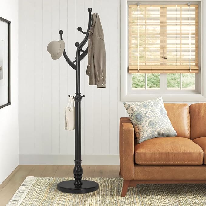 Wood Coat Rack Coat Tree Freestanding with Hooks, Heavy Duty Standing Coat Rack with Solid Round Base, 74” Tree Shaped Coat Hanger Stand for Clothes, Hat, Jacket, Entryway Bedroom, Balck-DeskLoop Office