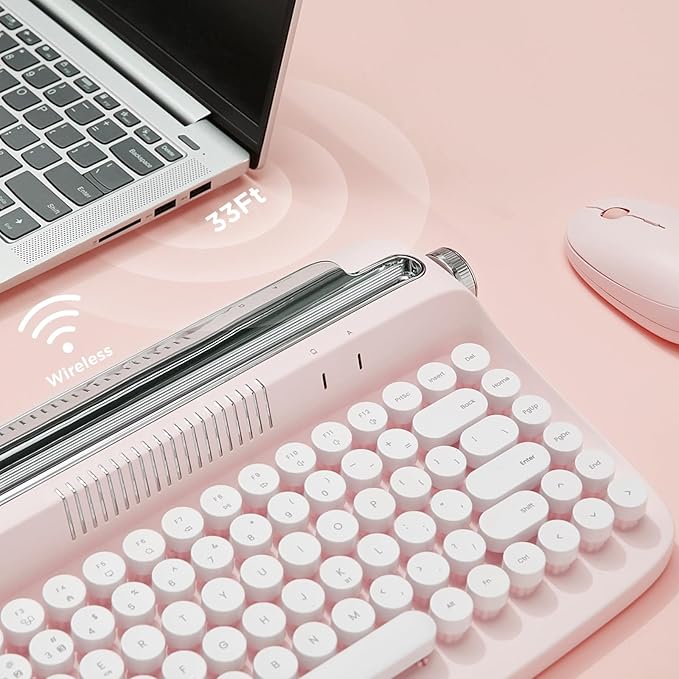 YUNZII ACTTO B303 Wireless Typewriter Keyboard, Bluetooth Connection, Cute Retro Aesthetic Design with Integrated Stand for Tablet, Phone, PC and Win/Mac/Android(B303, Baby Pink)-DeskLoop Office