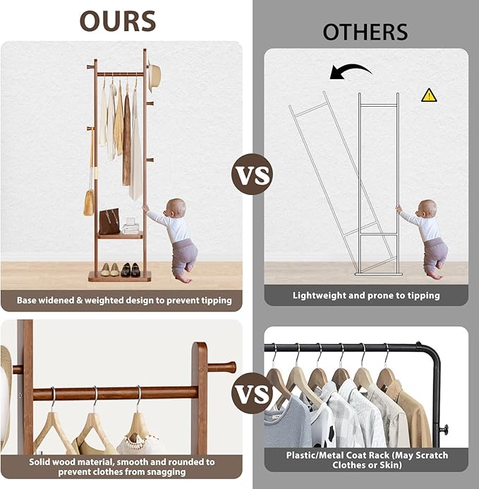 Solid Wood Coat Rack, Coat Rack Freestanding with 2 Shelves and 5 Hooks, Heavy Duty Coat Tree for Entryway，Living room，Coat Hanger Stand for Hats, Bags (Walnut Brown)-DeskLoop Office