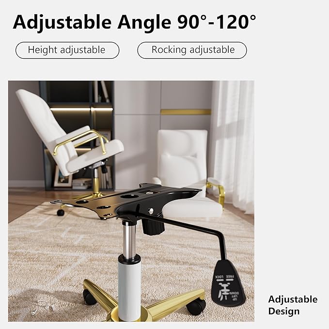 White and Gold Office Chair Memory Foam, White Leather Computer Desk Chairs with Wheels and Arms, High Back Executive Office Chair for Girl and Women-DeskLoop Office