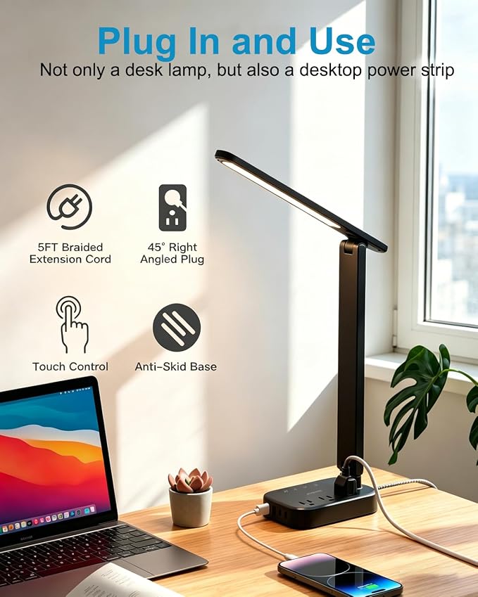 One Beat Small LED Desk Lamp Power Strip 5ft Extension Cord - Image 6