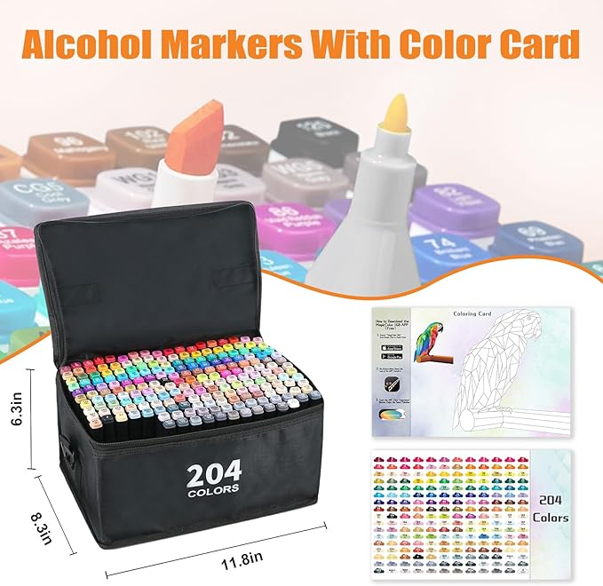 204 Colors Alcohol Markers with Free App, Chisel Tip and Fine Tip, Dual Tip Alcohol-Based Marker set for Artist Adults, Art Markers for Painting, Coloring, Sketching and Drawing,Great Gift Idea-DeskLoop Office