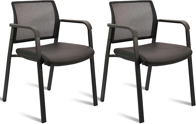 CLATINA Stackable Office Chair, Mesh Back Guest Chairs with Comfortable Leather Seat Arms Stacking Ergonomic Desk Chair No Wheels for Conference Waiting Reception School Stationary, Black, Set of 2-DeskLoop Office