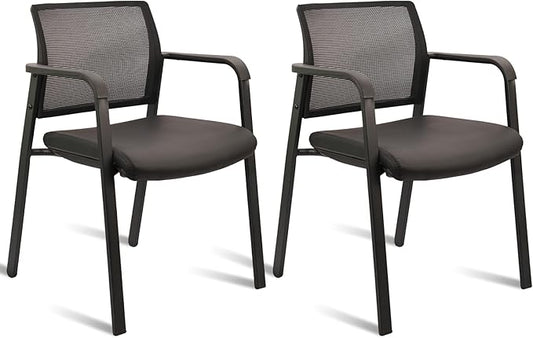 CLATINA Stackable Office Chair, Mesh Back Guest Chairs with Comfortable Leather Seat Arms Stacking Ergonomic Desk Chair No Wheels for Conference Waiting Reception School Stationary, Black, Set of 2-DeskLoop Office