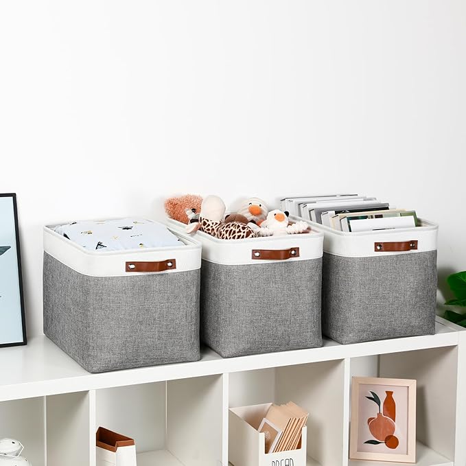 DULLEMELO Large Storage Baskets, Fabric Storage Basket with Leather Handles for Shelves Closet Nursery Toy Storage, Collapsible Fabric Baskets for Toy Book Magazine Towel Organizers(White&Gray)-DeskLoop Office