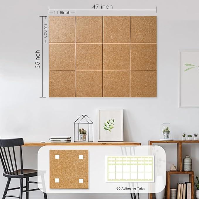 Large Cork Board for Office Wall Decor,48"x36"-12 Pack Felt Wall Tiles with Safe Removable Adhesive Tabs, 1/2" Thick, Felt Bulletin Board Pin Board Cork Boards for Walls - Copper-DeskLoop Office