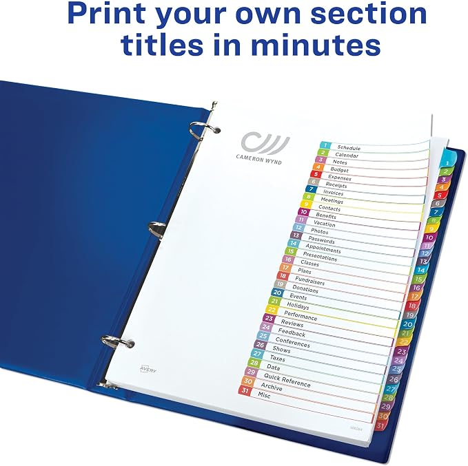 Avery 1-31 Dividers for 3 Ring Binders, 31 Tabs per Set, Customizable Table of - Image 2