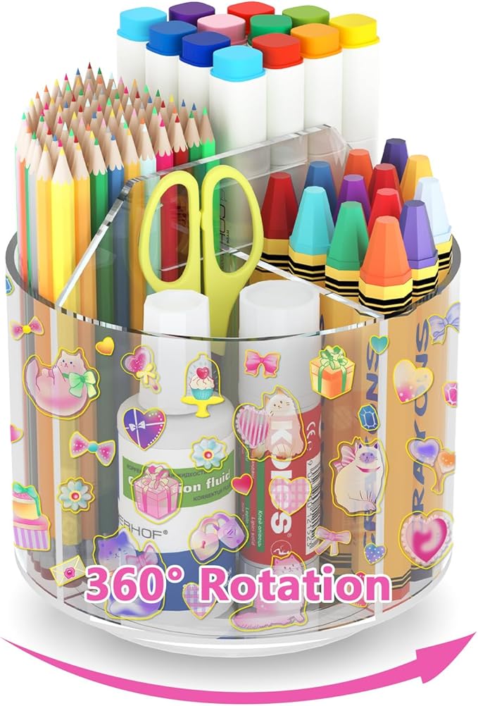 Acrylic Pencil Organizer for Desk 4 Compartments with Adhesive DIY Sticker, Rotating Art Supply Organizer with Kawaii Sticker Kids, Spinning Round Marker Organizer Small Supply Organizers Caddy-DeskLoop Office