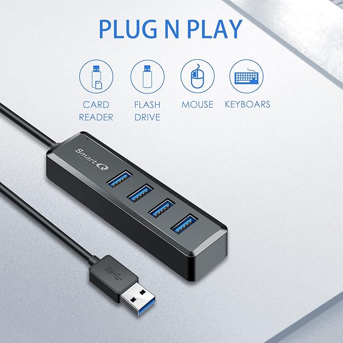 SmartQ H302S USB 3.0 Hub for Laptop with 2ft Long Cable, Multi Port Expander, Fast Data Transfer USB Splitter Compatible with Windows PC, Mac, Printer, Mobile HDD-DeskLoop Office
