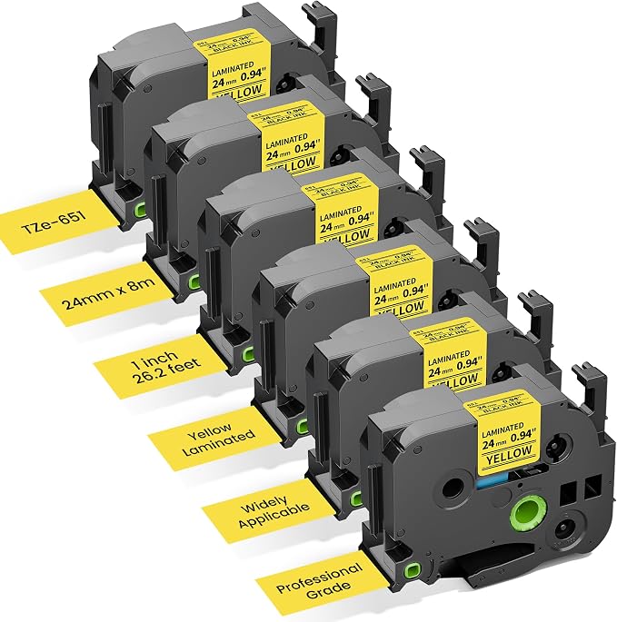6-Pack Replace for Brother Label Maker Tape 24mm Yellow Laminated TZe-651 | by Freshworld