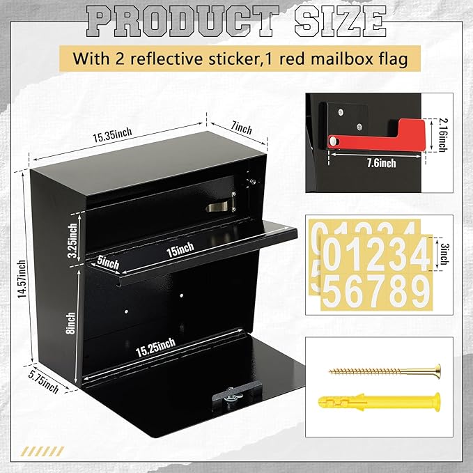 Extra Large Wall Mount Mailboxes for Outside 15.35 x 15 x 7 Inches Locking Security Mail Box Galvanized Steel Wall Mailbox Large Capacity Post Box with Key Lock and Reflective Stickers(Black)-DeskLoop Office