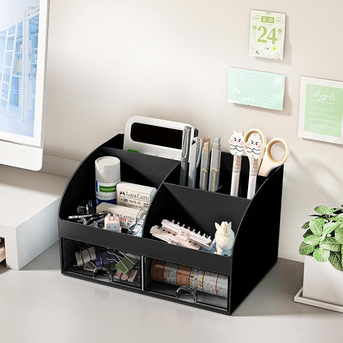 COMFYROOM Desk Organizer with 6 Compartments and 2 Drawers, Plastic Makeup - Image 3