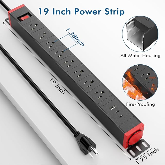 360° Rotating Mountable Power Strip with USB Ports, 8 Outlet Surge Protector Power Strips Wall Mount, Metal Heavy Duty Versatile Outlet with 6FT Power Cord,For Home Office Industrial Garage Commercial-DeskLoop Office