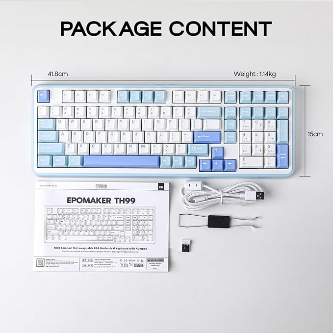 EPOMAKER TH99 Wireless Mechanical Keyboard with Lubed Silent Switch, Quiet Gaming Keyboard, 8000mAh,Creamy Gasket,RGB Backlit,Numpad,PBT Keycap,Hot Swappable,for Gamers/Office (Blue&White)-DeskLoop Office