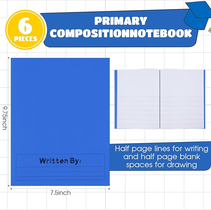 Henoyso 6 Pcs Primary Composition Notebook K-2 9 3/4 x 7 1/2 Inch Primary Journal, Back to School Supplies, Bulk Blank Writing Book for Kid to Write Draw Journal 60 Page Notebooks (Blue)-DeskLoop Office