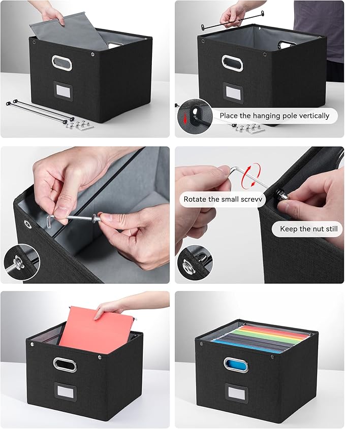 2 Pack File Organizer Box with Lid, Large Hanging Filing Box with Mesh Pocket, Document Organizer for Letter Files, Portable Storage Case for Office&Home (Black)-DeskLoop Office