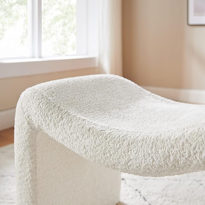 Modern Boucle Ottoman, Vanity Stool Chair, Foot Stool with Wooden Legs Sofa Bench Footstool Extra Seat for Vanity, Makeup Room, Living Room, Entryway, Set 2, White-DeskLoop Office