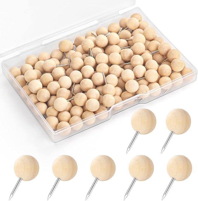 120Pcs Ball Wooden Push Pins, Wood Pins and Tacks, Decorative Cork Board Pins by GOOLADA