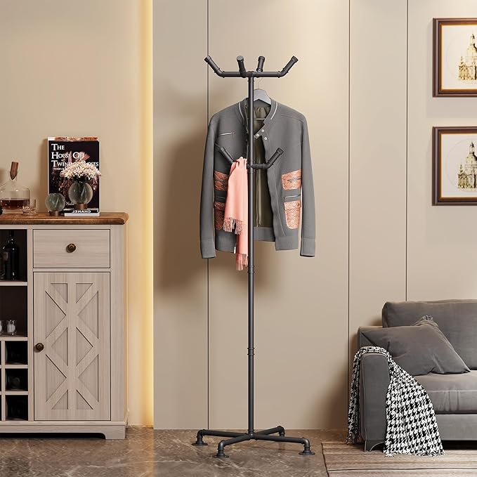 Industrial Coat Rack,Metal Pipe Coat Rack Stand Freestanding with 6 Hooks,Heavy Duty Coat Tree Sturdy Coat Racks for Entryway, Hallway, Bedroom (Black)-DeskLoop Office