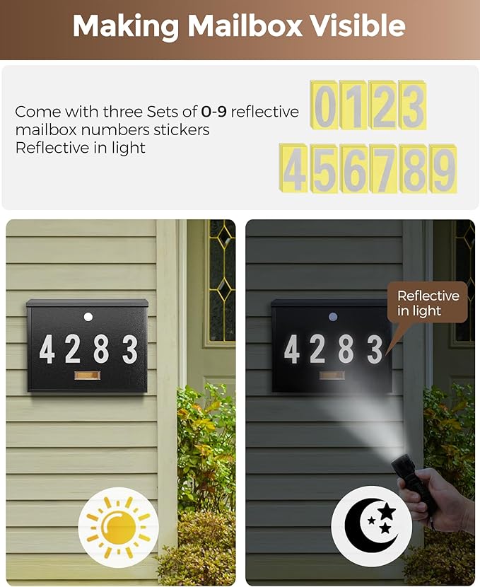 LAND·VOI Locking Wall-Mount Mailbox for Outside, with 4 Keys, Galvanized Steel Rustproof Metal Postbox, 4" Dx13.8 Wx11.2 H, Includes 3 Sets of Mailbox Numbers, Nameplate, Black, AMB33B-DeskLoop Office