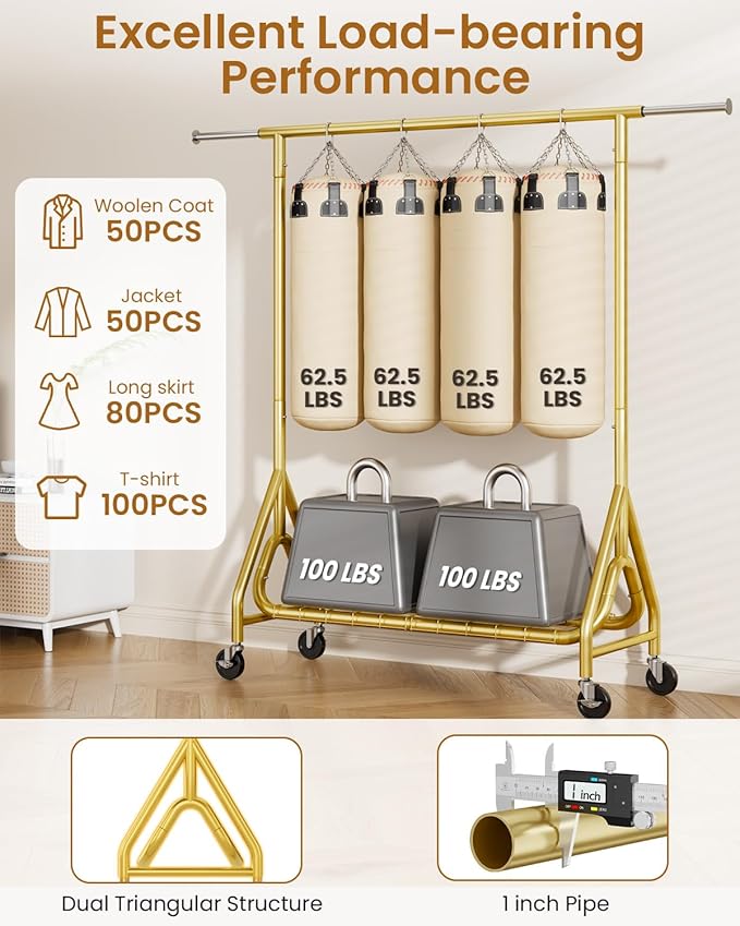 Heavy Duty Clothes Rack, Metal Clothing Rack Load 450 LBS, Rolling Coat Racks for Hanging Clothes with Lockable Wheels, Wardrobe Closet Garment Racks for Bedroom, Gold-DeskLoop Office