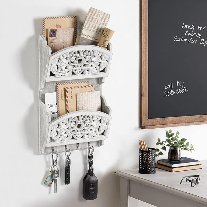 Mail Organizer with Key Holder, 2-Slot Mail Holder with 4 Key Hooks - Image 2