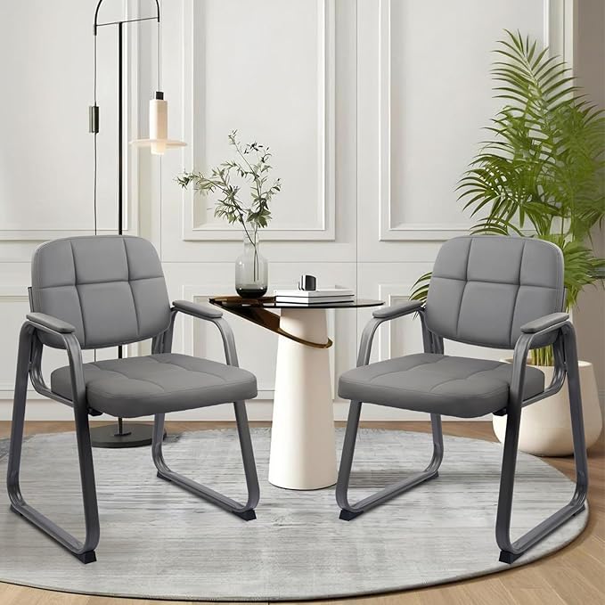 CLATINA Waiting Room Guest Chair with Bonded Leather Padded Arm Rest for Office Reception and Conference Desk Black with Sled Base Grey 1Pack-DeskLoop Office