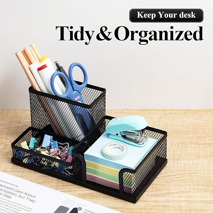 M&G Mesh Pen Holder Desk Organizers Pencil Holder for Desk Black, 3 Compartments Metal Office Supply Organizer with Sticky Notes Holder for School Home Office-DeskLoop Office