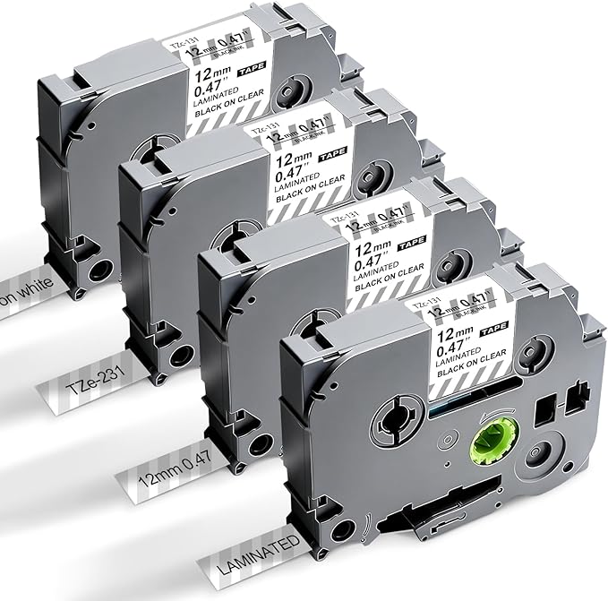 4PK Work for Brother P Touch Black on Clear TZ TZe 1/2" Label Tape Replace by BEYONDTEK