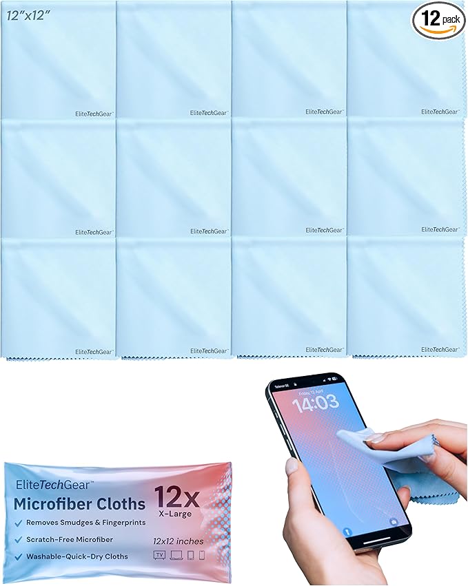 Elite Tech Gear Microfiber Cleaning Cloth 12-Pack - 12"x12" Oversized, Washable & Durable for Glasses, Lenses, Electronics & Screens - High Tech Quality Material-DeskLoop Office