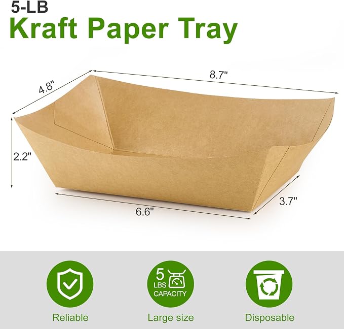 Ocmoiy 5lb Extra Large Paper Food Trays, 100 Pack Heavy Duty Kraft Food Boats - Image 2
