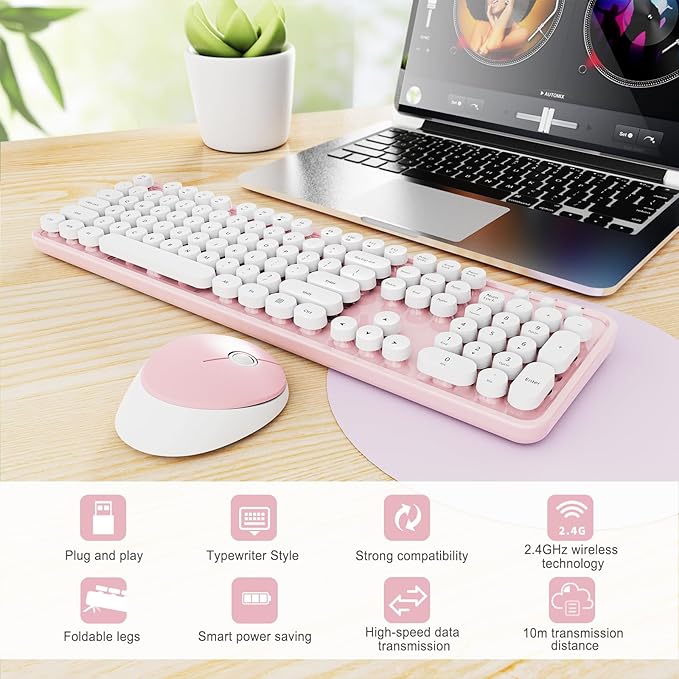 Wireless Keyboard and Mouse Combo, Ergonomic Full Size Typewriter Retro Round Keycaps Keyboard, Compatible with Windows, PC, Perfer for Home and Office Keyboards (Lovely Pink)-DeskLoop Office