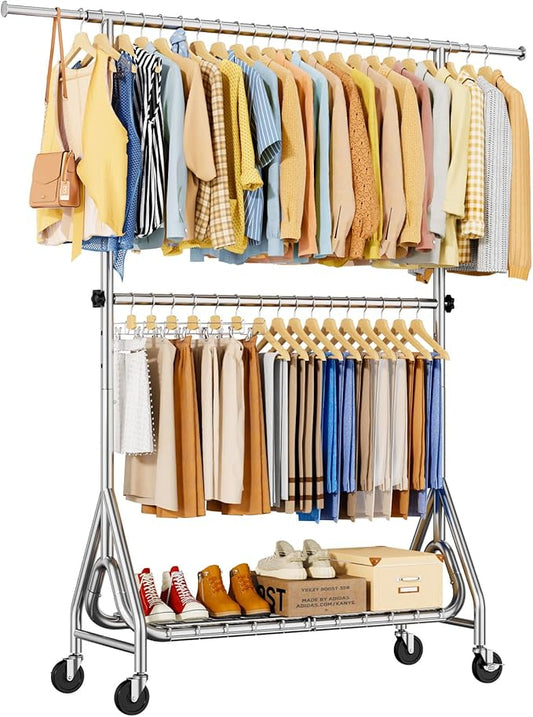 Heavy Duty Clothes Rack for Hanging Clothes, Double Rods Clothing Rack with Lockable Wheels, Rolling Garment Racks with Shelf, Easy to Assemble, Silver-DeskLoop Office