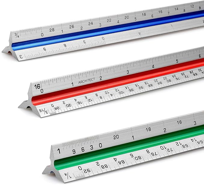 12" Architectural Scale Ruler Aluminum Architect Scale Triangular Scale Ruler for Architects, Draftsman, Students and Engineers, Color-Coded (1 Pack)-DeskLoop Office