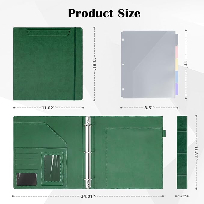 Ospelelf Green Leather 3 Ring Binder 1 Inch Round Ring, Magnetic Clipboard Folio - Image 6