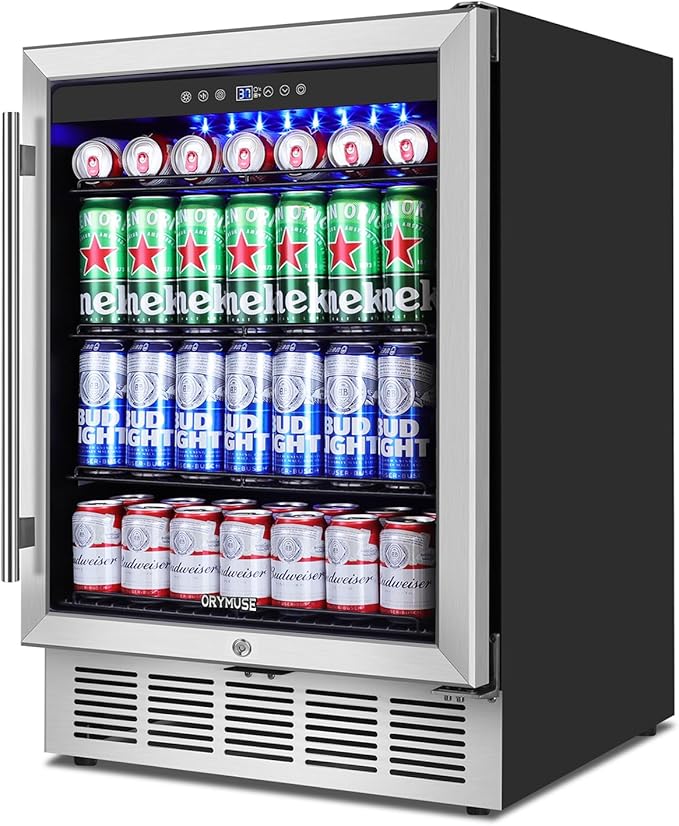 24" Beverage Refrigerator & Cooler, 180 Cans Under Counter Fridge with Lock, Glass Door & Powerful Cooling Compressor - Quiet, Built-in/Freestanding Drink Fridge-DeskLoop Office