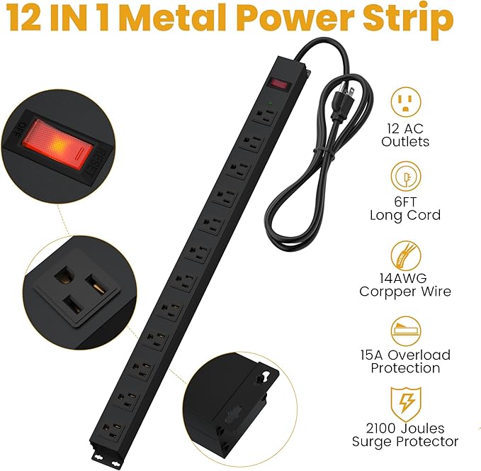 12 Outlet Long Power Strip Surge Protector with 2100 Joules, 6FT Power Cord, Wide Spaced Outlet Power Bar, Overload Protection Switch, Industrial Heavy Duty for Work Bench, Shop, Garage (Black)…-DeskLoop Office