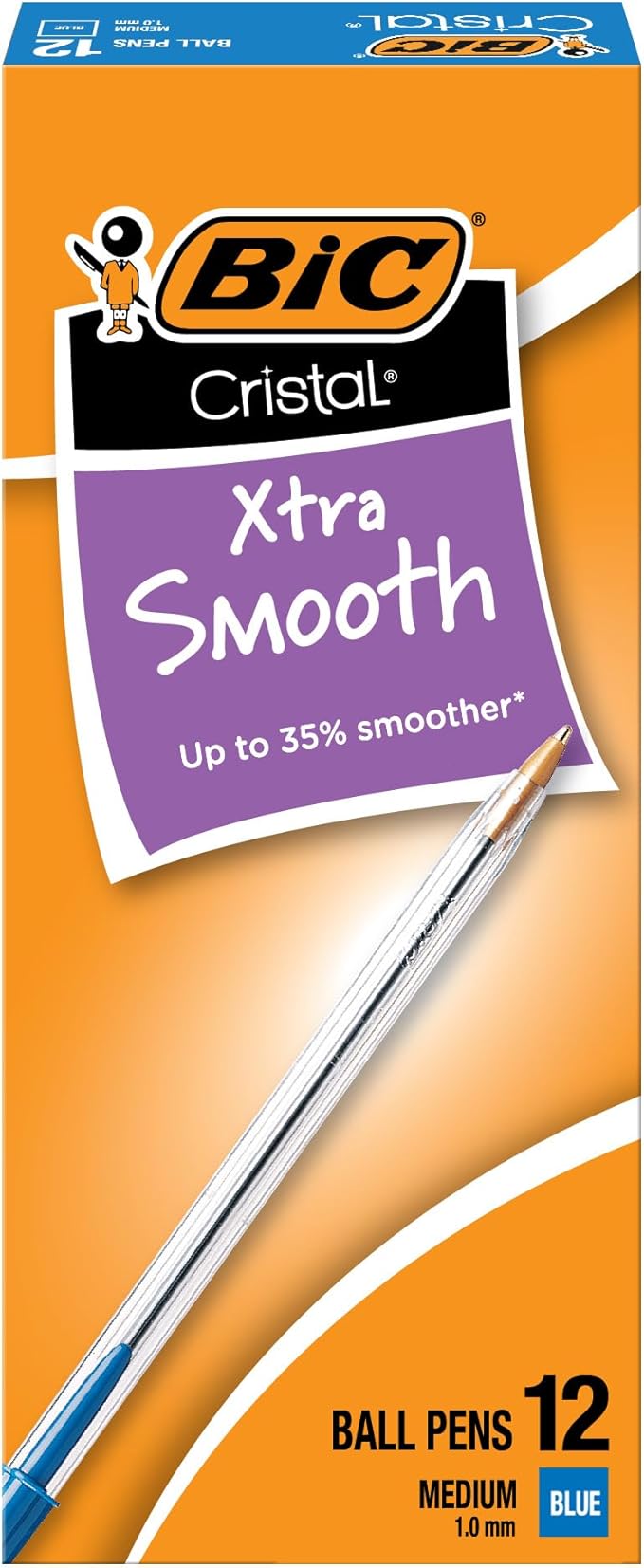 BIC Cristal Xtra Smooth Blue Ballpoint Pens, Medium Point, 12-Count Pack by BIC