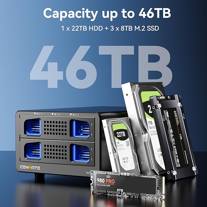 Hybrid 2.5/3.5" SATA HDD/SSD+3* M / B+M Key M.2 NVMe Enclosure with Cooling Fan and USB A/C 3.2 Gen 2 (10Gbps), Hard Drive Enclosure Support 46TB(22TB HDD+3*8TB 2230/2242/2260/2280/22110 SSDs)-DeskLoop Office