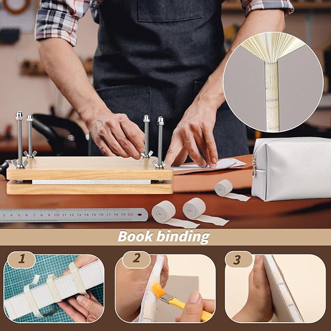 45 Pcs Book Binding Kits Bookbinding Kit Book Press 7.9”x11.6” with Book Binding Materials Bone Folder Tool Binding Cloth Webbing Strap and Storage Bag for Binding and Repair-DeskLoop Office