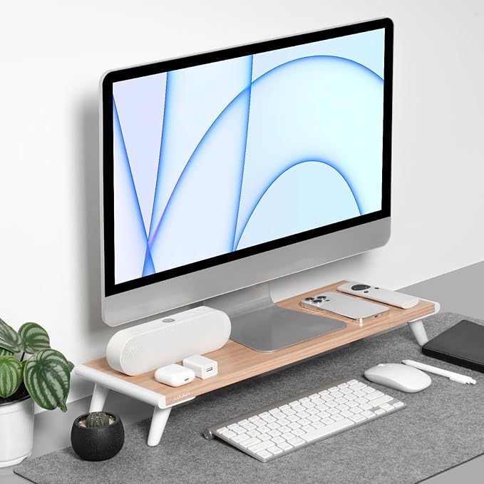 loukin Monitor Stand Riser for Desk, 22.4" x 8.3" Larger Computer Stand for Laptop, PC, Printer, Sturdy Desktop Computer Shelf with Non-Skid Rubber, Home Office, Natural Wood-DeskLoop Office