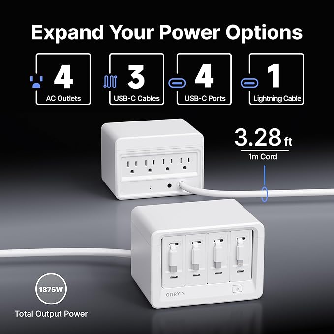12-in-1 Desktop Charging Station with 3 Retractable Type-C Chargers and 1 Lightning Charger, 40W USB-C Power Strip with 31.5in Cable, Extension Cord with 1020J Surge Protection for Home Office-DeskLoop Office