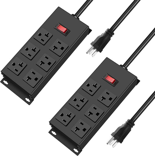 JUNNUJ 20 Amp Power Strip Heavy Duty 2 Pack, Garage 6 Outlets Metal 12 Gauge Surge Protector 3000J, High Amp 5-15P Adapter Shop 6-20R T-Slot Industrial (6AC 2-Pack, 6FT)-DeskLoop Office