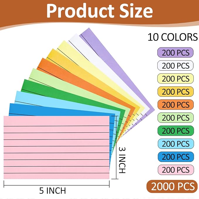 2000 Count Colored Index Cards 3x5, Lined Note Cards, Study Cards, Flash Cards - Image 2