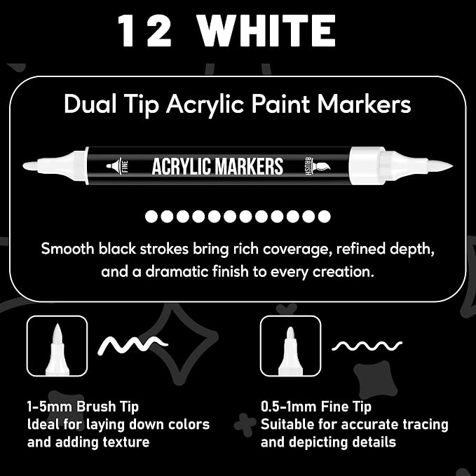 Pagather White Acrylic Paint Markers, 12 Pack Dual Tip - Image 2