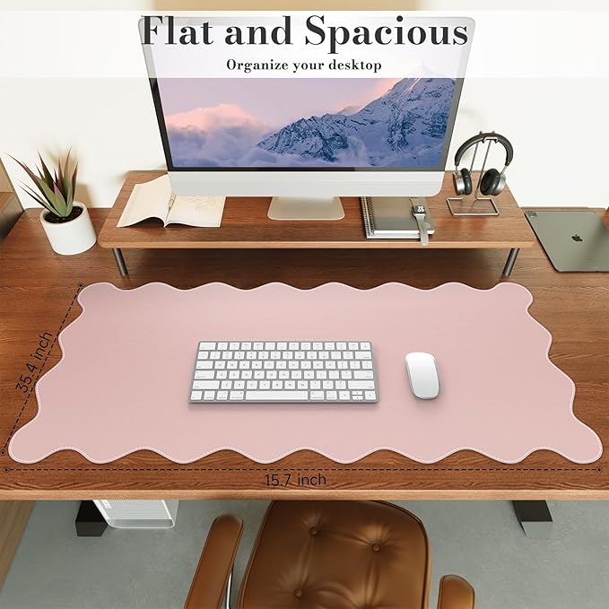 iCasso Pink Leather Desk Mat, Extra Large Scalloped Mouse Pad - Image 3