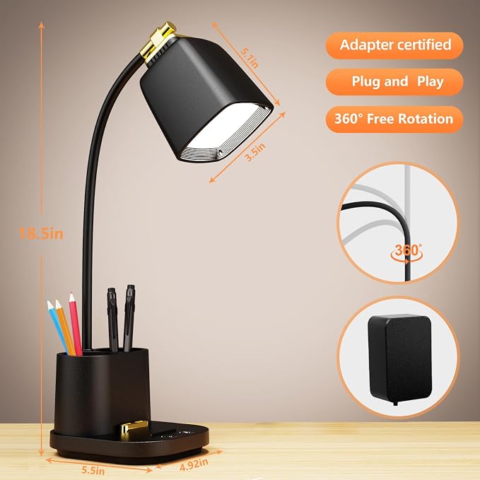 LED Desk Lamp with USB Charging Port Touch Control 3 Color Modes, Stepless - Image 5