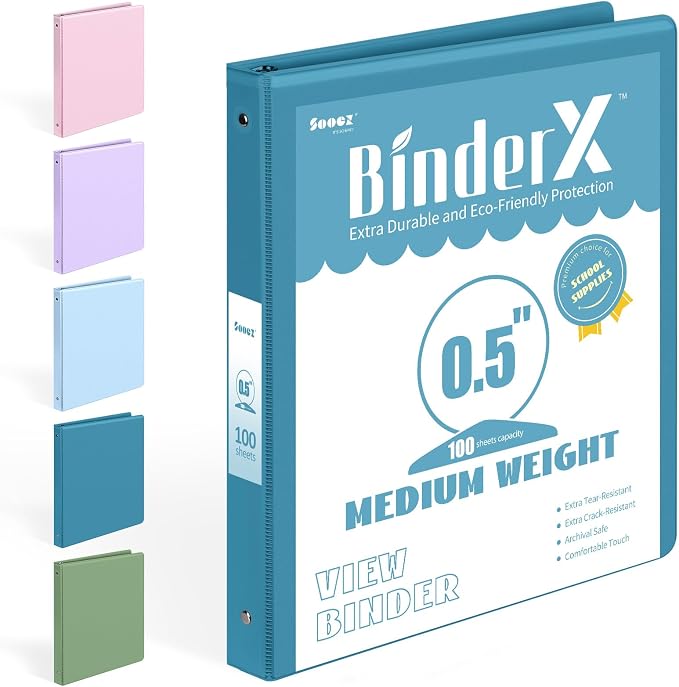 BinderX Extra Durable 3 Ring Binder, Round Rings 0.5 Inch Binder, Fits 100 by Sooez